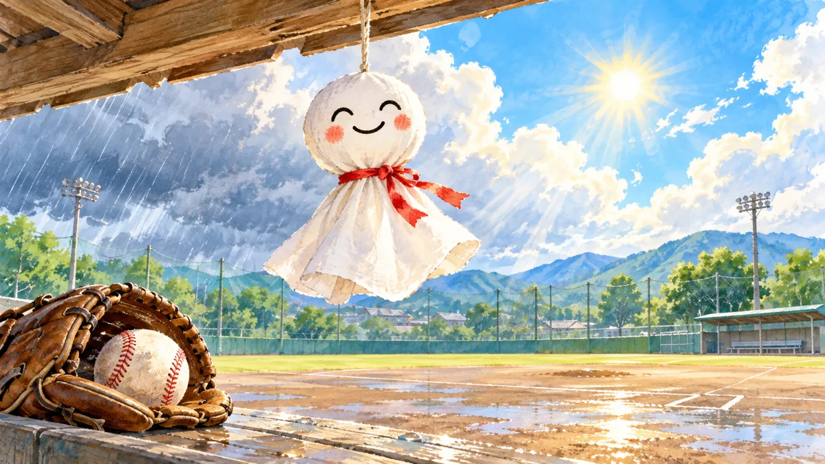 雨雲の向こうに晴れ間が広がる野球場と、てるてる坊主のイラスト
